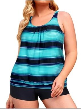Plus Size Blouson Tankini Swimsuits Striped Swimwear Athletic with Boyshorts XL